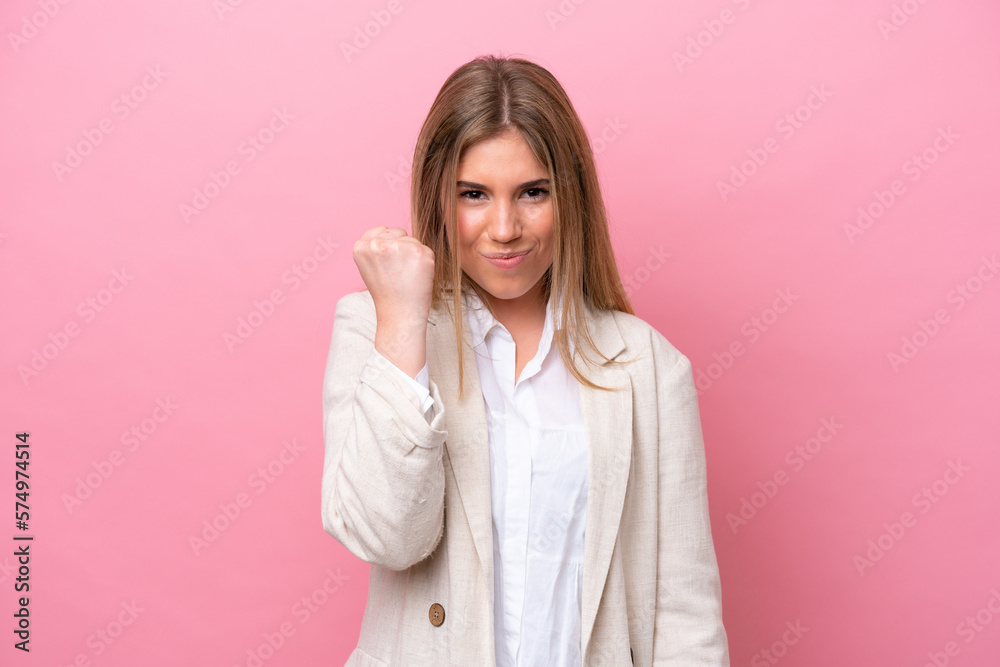 Young caucasian woman isolated on pink bakcground with unhappy expression Young caucasian woman isolated on pink bakcground with unhappy expression