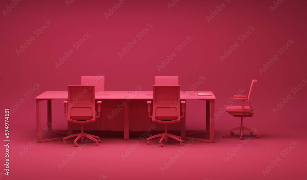 Viva magenta is a trend colour year 2023 in the office. Business teamwork concept. Employee working on computer. There are desktops on the tables.Creative interior design. 3d render	