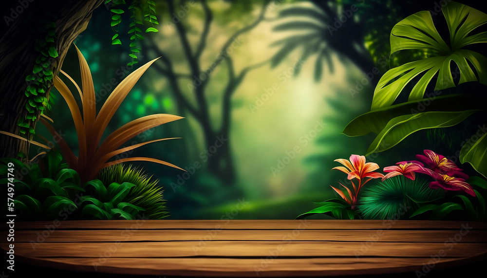 Bright colorful tropical background with empty wooden table for your text or products. AI Bright colorful tropical background with empty wooden table for your text or products. AI