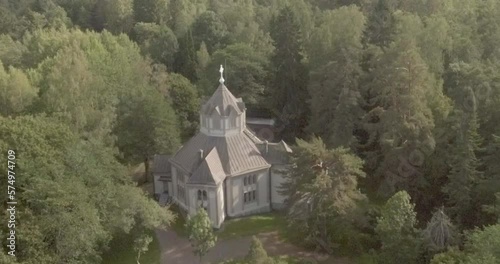 Aerial view of octagonal wooden church of Ruotsinpyhtää in summer, Loviisa, Finland. photo