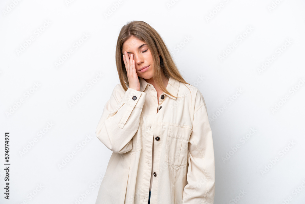 Young caucasian woman isolated on white bakcground with headache Young caucasian woman isolated on white bakcground with headache