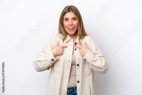 Young caucasian woman isolated on white bakcground with surprise facial expression