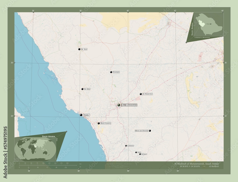 Obraz premium Al Madinah al Munawwarah, Saudi Arabia. OSM. Labelled points of cities