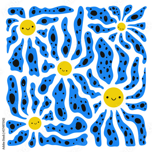 Abstract vector illustration with blue flowers and smiley faces. Trendy print design, home decoration poster