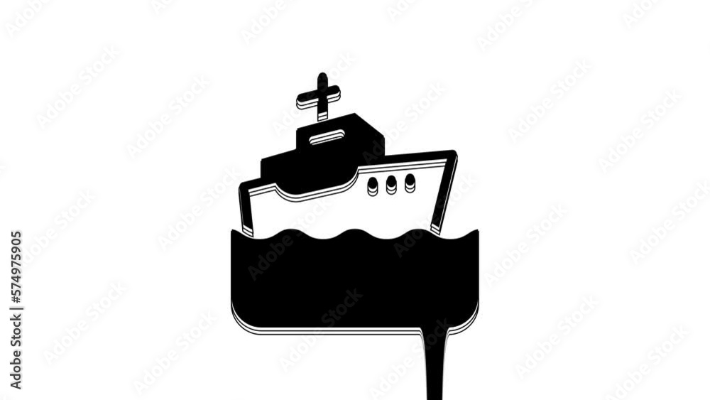 Black Cruise ship icon isolated on white background. Travel tourism nautical transport. Voyage passenger ship, cruise liner. Worldwide cruise. 4K Video motion graphic animation Black Cruise ship icon isolated on white background. Travel tourism nautical transport. Voyage passenger ship, cruise liner. Worldwide cruise. 4K Video motion graphic animation