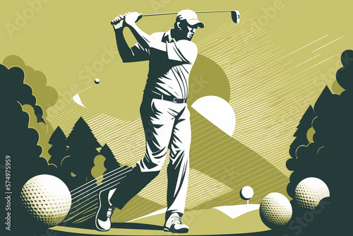 illustration of a person playing Golf, golf postcard
