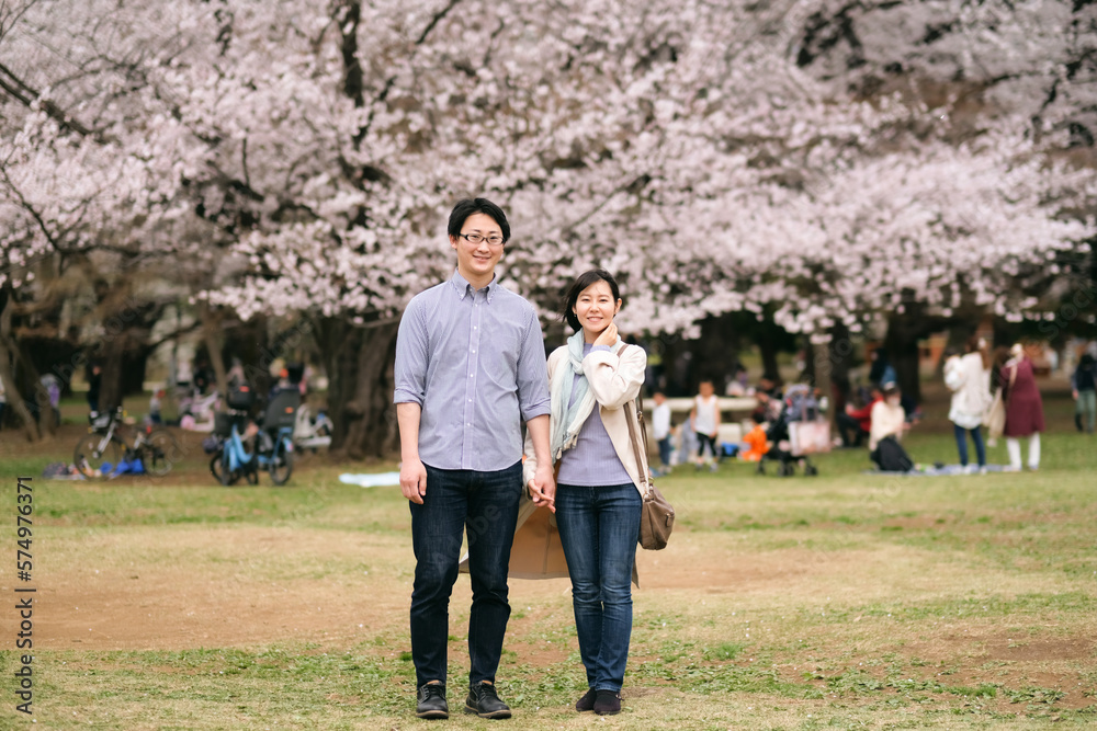 満開の桜の下で微笑むカップル
