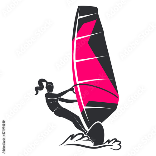 Female Windsurfing. Vector illustration in the engraving style