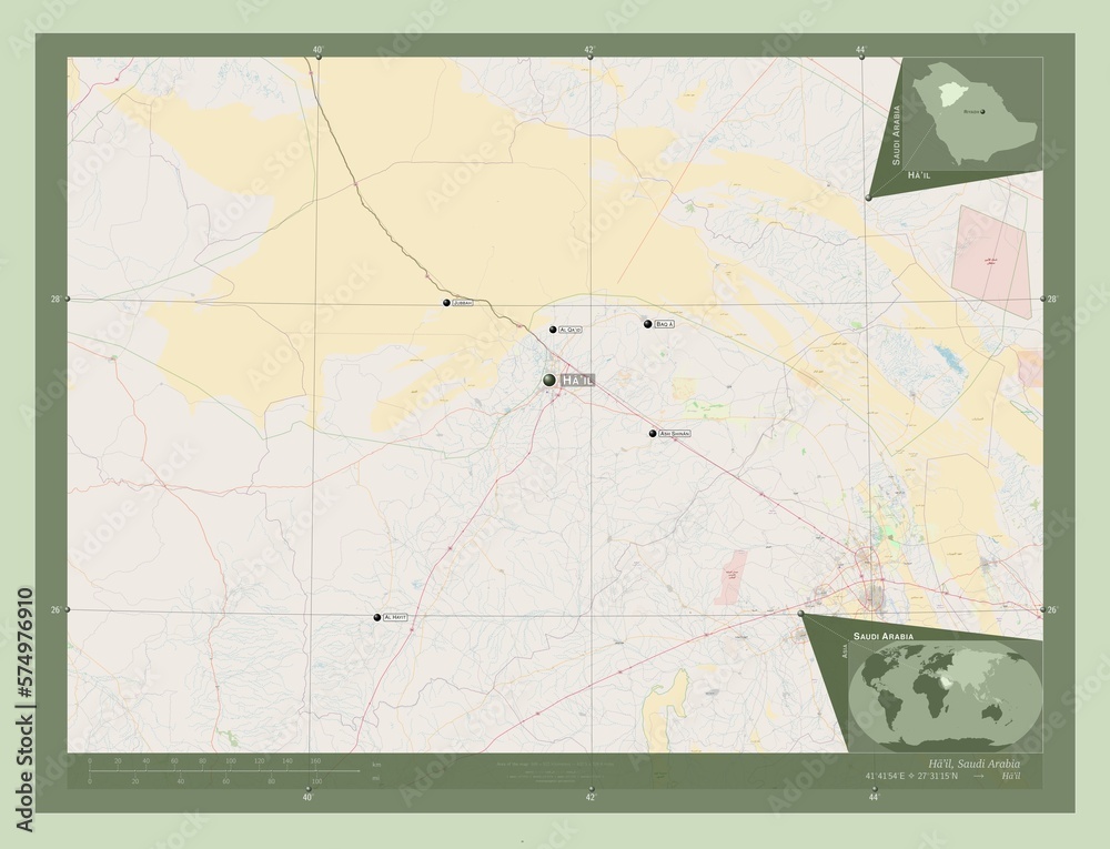 Fototapeta premium Ha'il, Saudi Arabia. OSM. Labelled points of cities