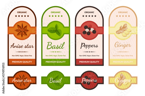 Spices and seasonings package sticker badge set vector flat illustration. Cookery gourmet condiment