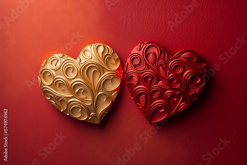 Valentine's day or Wedding romantic concept. Red hearts on red background.Top view, flat lay, embossed.