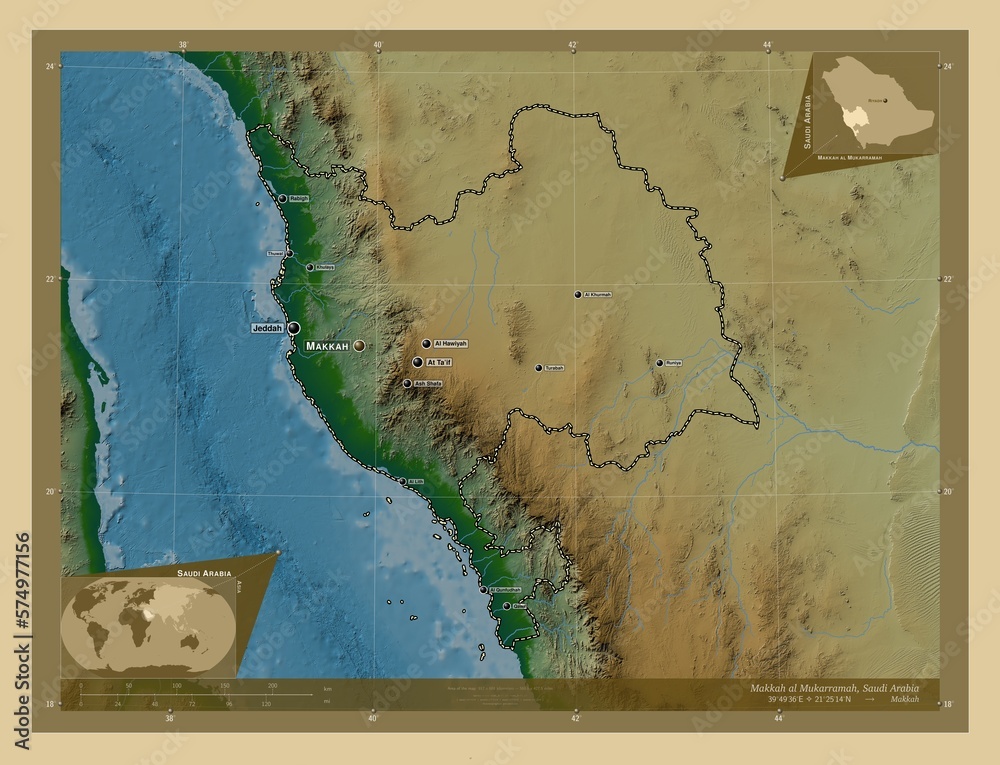 Makkah al Mukarramah, Saudi Arabia. Physical. Labelled points of cities