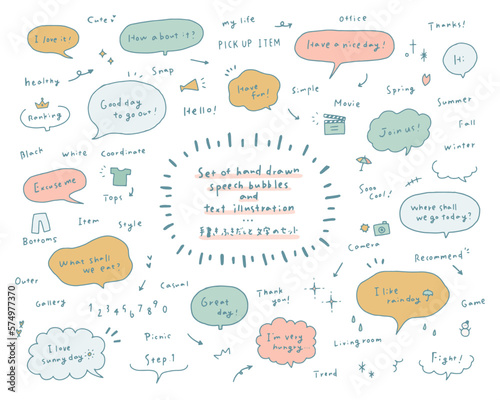 手描きの吹き出しと手書き英語のセット　文字　イラスト　英単語　フレーム　矢印　落書き　飾り　装飾　線