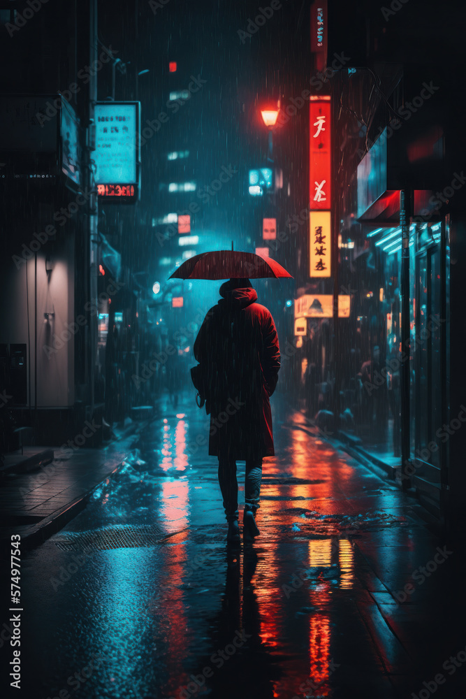 person in rain walking with umbrella in Tokyo street at night lluminated with lamps and reflections. generative ai