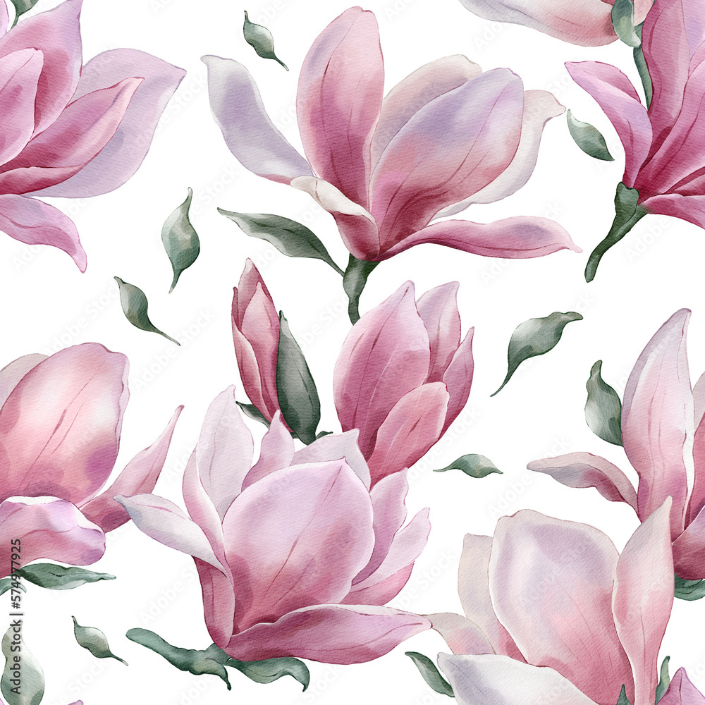 Watercolor Floral Print Pink Magnolia Seamless Pattern Wrapping