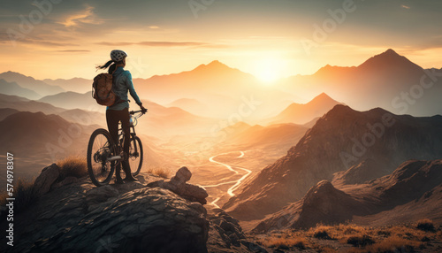 woman cyclist rider in mountain bike on mountain peak at sunset. freedom and healthy lifestyle concepts. generative ai © ArgitopIA