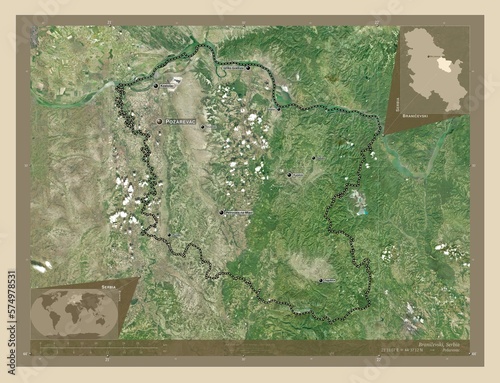 Branicevski, Serbia. High-res satellite. Labelled points of cities photo