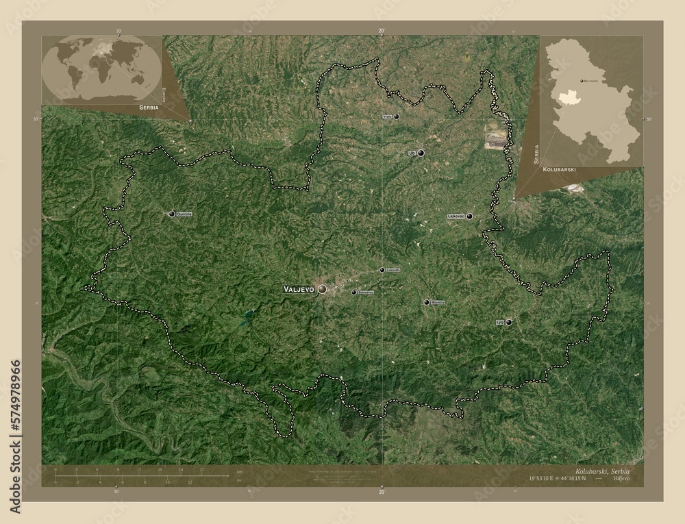 Kolubarski, Serbia. High-res satellite. Labelled points of cities. Kolubarski, Serbia. High-res satellite. Labelled points of cities.