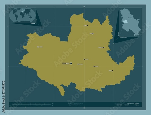Kolubarski, Serbia. Solid. Labelled points of cities photo