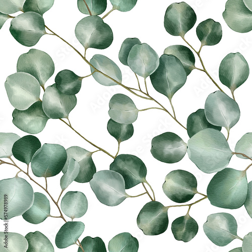 Seamless floral pattern with eucalyptus hand-drawn painted in a watercolor style. The seamless pattern can be used on a variety of surfaces, wallpaper, textiles or packaging.
