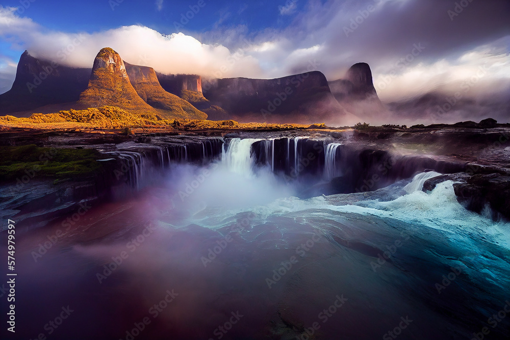 Fototapeta premium Beautiful landscape of high mountains and waterfalls and sunset with a sea of fog