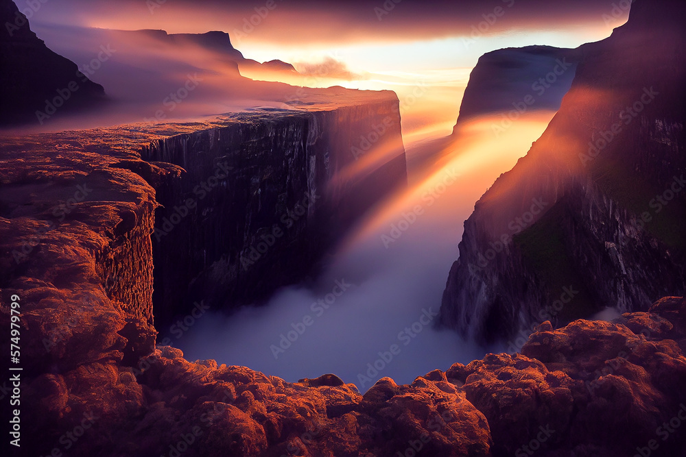 Beautiful landscape in the imagine world of high mountains and waterfall and sunset or sunrise with sea of fog, above the cloud and flowing of the mist. 3D Rendering graphic ,illustration drawing