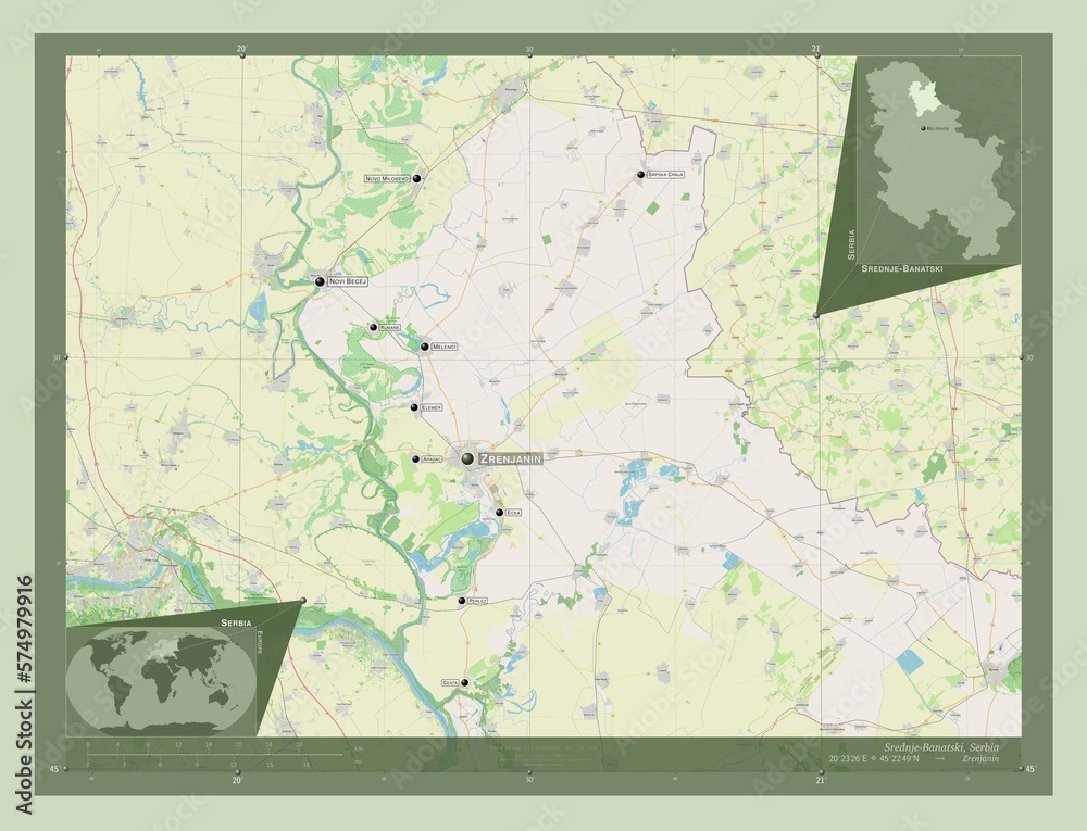 Fototapeta premium Srednje-Banatski, Serbia. OSM. Labelled points of cities