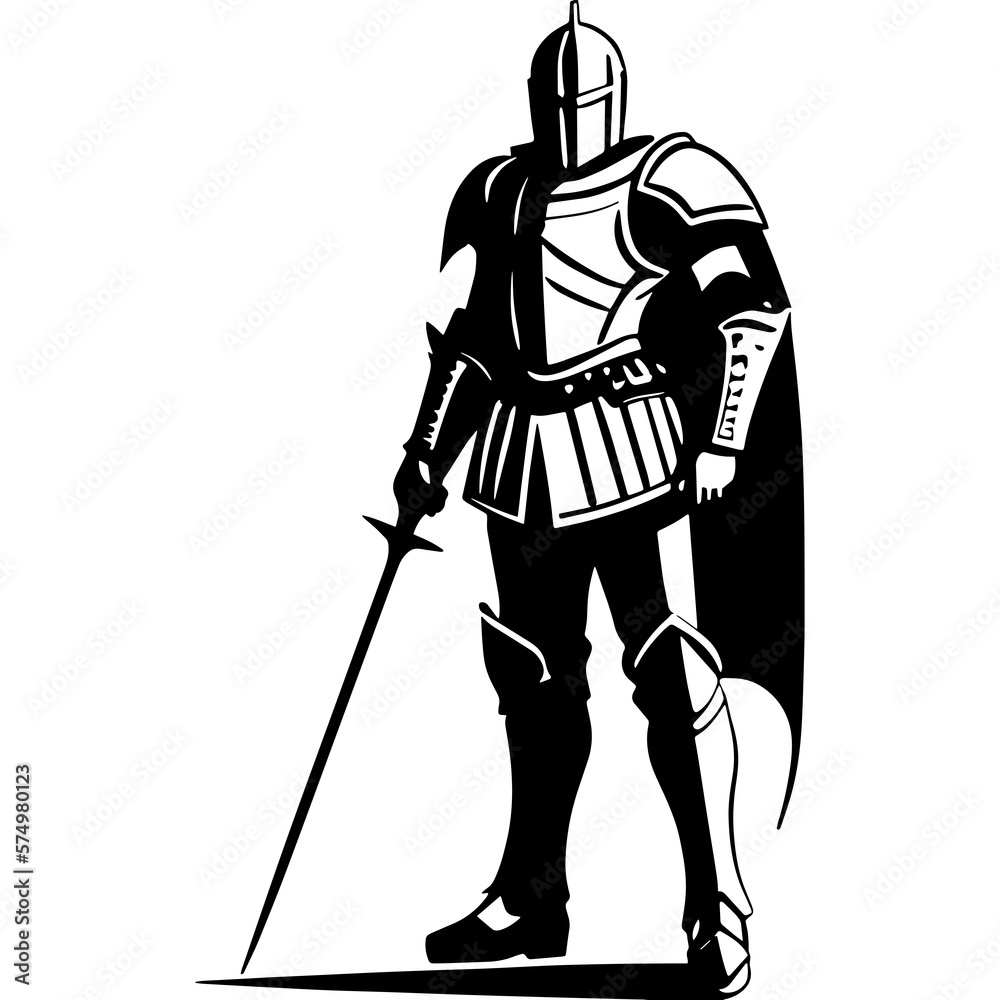 Medieval Knight: A Monochrome Illustration of a Warrior in Armor showcases a highly detailed drawing of a medieval knight, featuring a combination of chainmail and plate armor, complete with a helmet Medieval Knight: A Monochrome Illustration of a Warrior in Armor showcases a highly detailed drawing of a medieval knight, featuring a combination of chainmail and plate armor, complete with a helmet