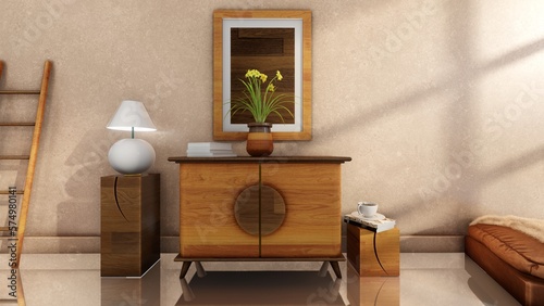 sideboard with traditional Javanese ornament background, 3D Rendering