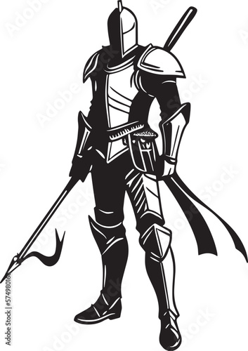 Medieval Knight: A Monochrome Illustration of a Warrior in Armor showcases a highly detailed drawing of a medieval knight, featuring a combination of chainmail and plate armor, complete with a helmet 