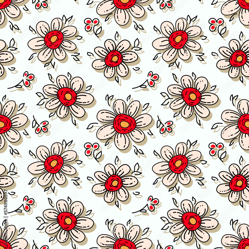  Abstract floral pattern design with cute daisy  flowers and small leaves on a white background. Fashion print design