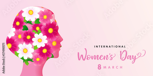 International Womens Day head girl and lettering. Women's day poster with beautiful flowers on  background in profile of woman face. Vector illustration