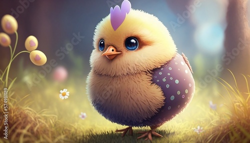 Cute Easter chicken with eggshell. Generative AI.