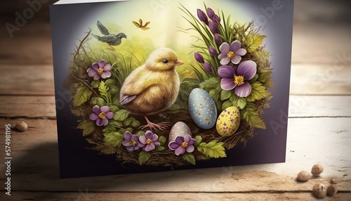 Easter card with Easter chicken and eggs . Generative AI.