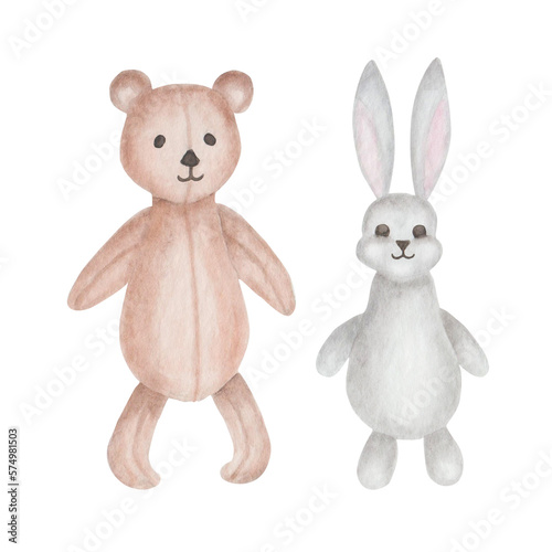 Watercolor illustration. Hand painted children stuffed, soft toys. Brown teddy bear and grey bunny hare. Cartoon characters. Wild animals. Easter Bunny. Isolated clip art for fabric textile, banners © Olga Sidelnikova