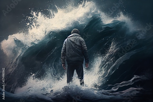 Disheartened Man Standing In The Midst Of Turbulent Crashing Waves. Feeling Of Overwhelming Demands. Generative AI