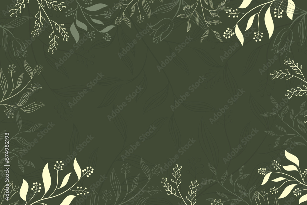 Obraz premium Green background with a floral pattern on it, vintage background with leaves and flowers.