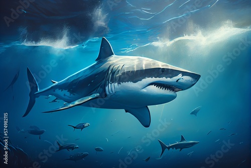 Great White Shark Swimming In The Sea Illustration. Generative AI © Pixel Matrix