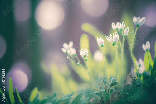 Beautiful outdoor spring nature background with fresh wild flowers. Selective focus close up floral backdrop with copy space. Sun light grass scene. AI generative image.