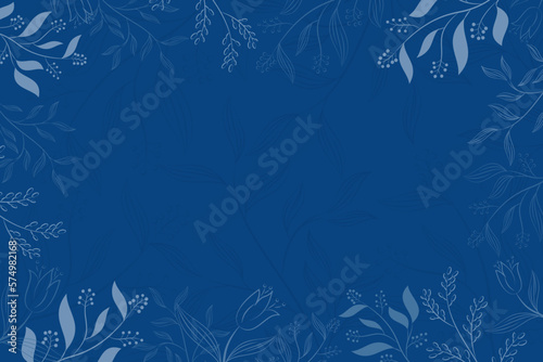 Blue background with a floral pattern on it, vintage background with leaves and flowers.