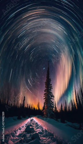 Amazing long exposure star trail night sky with coniferous forest silhouette, snow and path way. Vertical nature splash screen template. AI generative image.