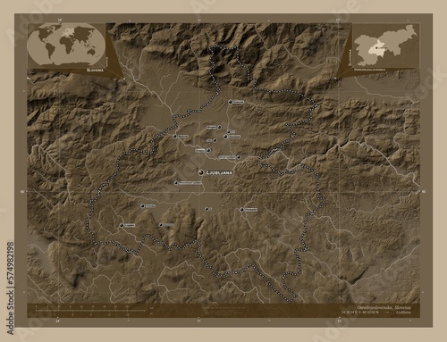 Osrednjeslovenska, Slovenia. Sepia. Labelled points of cities photo