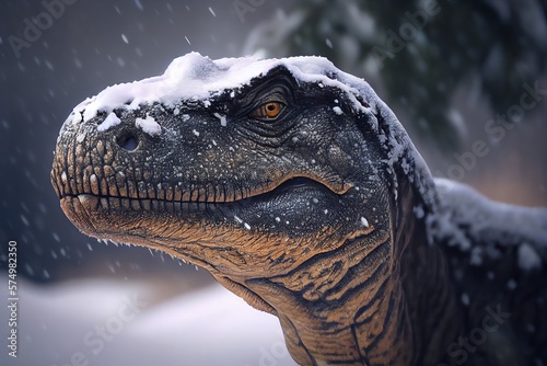 The Head Of A Big Tyrannosaurus Rex Dinosaur Covered With Little Bit Of Snow In Winter. Generative AI