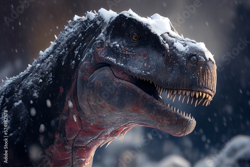 The Head Of A Big Tyrannosaurus Rex Dinosaur Covered With Little Bit Of Snow In Winter. Generative AI © Pixel Matrix