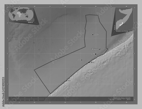 Shabeellaha Hoose, Somalia. Grayscale. Labelled points of cities photo