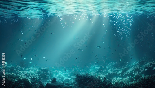 Beautiful underwater ocean bottom scene. Abstract marine background with copy space. AI generative image.
