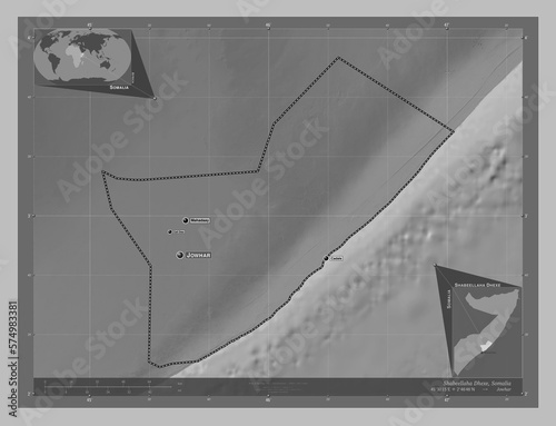 Shabeellaha Dhexe, Somalia. Grayscale. Labelled points of cities photo