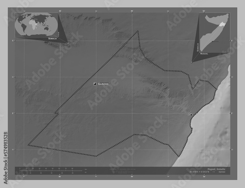 Nugaal, Somalia. Grayscale. Labelled points of cities photo