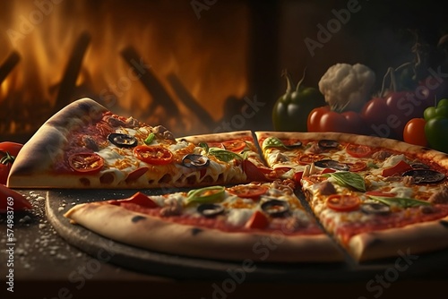 Slice of delicious pizza, bread oven in the background created with Generative AI technology 