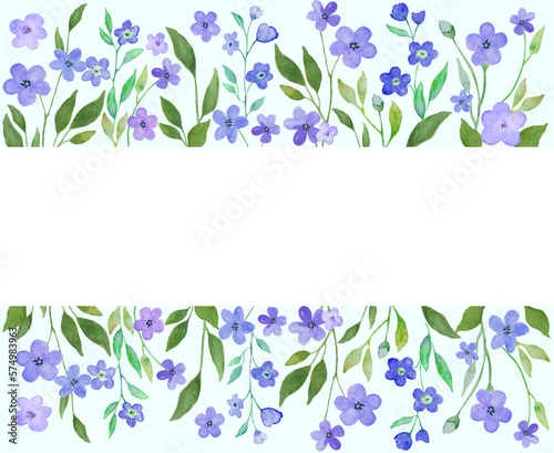 Watercolor floral frame with blue painted flowers and leaves. Hand drawn illustration. Design for invitation, wedding or greeting cards. © Alla